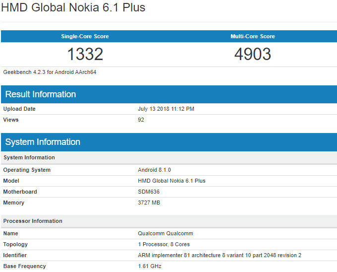Nokia 6.1 Plus Benchmark Sonuçları Ortaya Çıktı